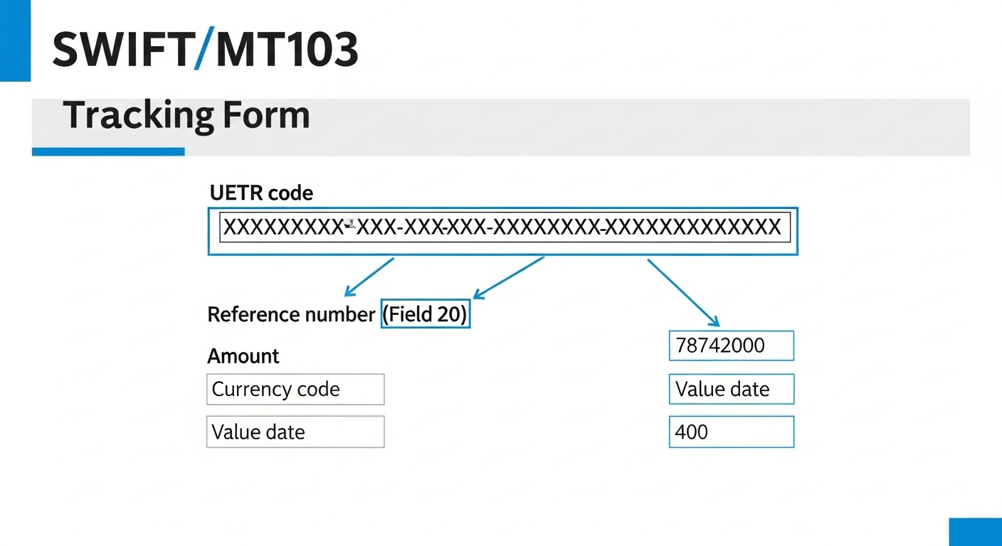 SWIFT MT103 message diagram showing fields 20, 32A, 50K, 59, 70 and 121 (UETR)